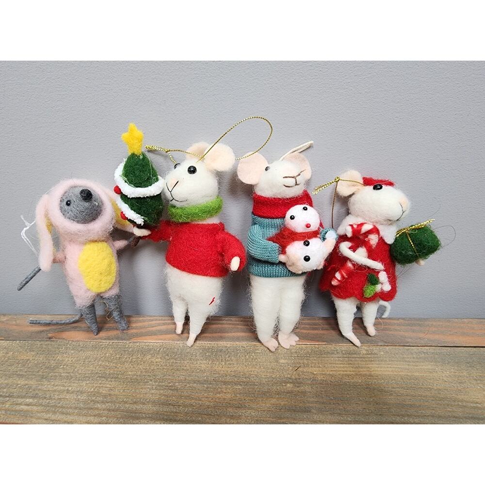 Felted Wool Animal Mouse Mice Lot Of 4 Christmas Tree Ornament Set